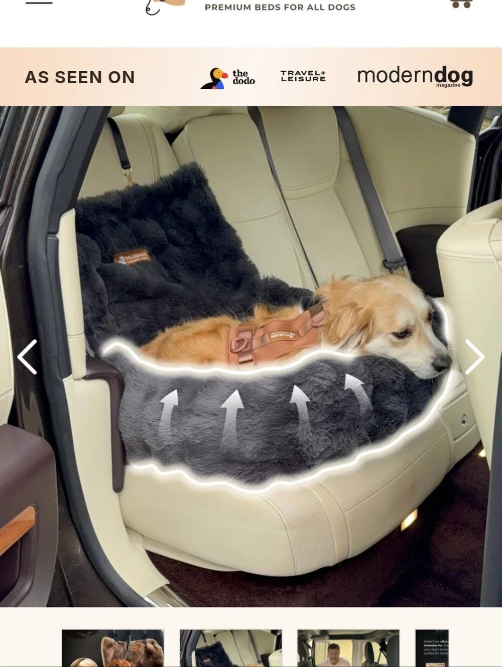 Pelsbarn Dog Car Bed Charcoal with Gold Hardware
